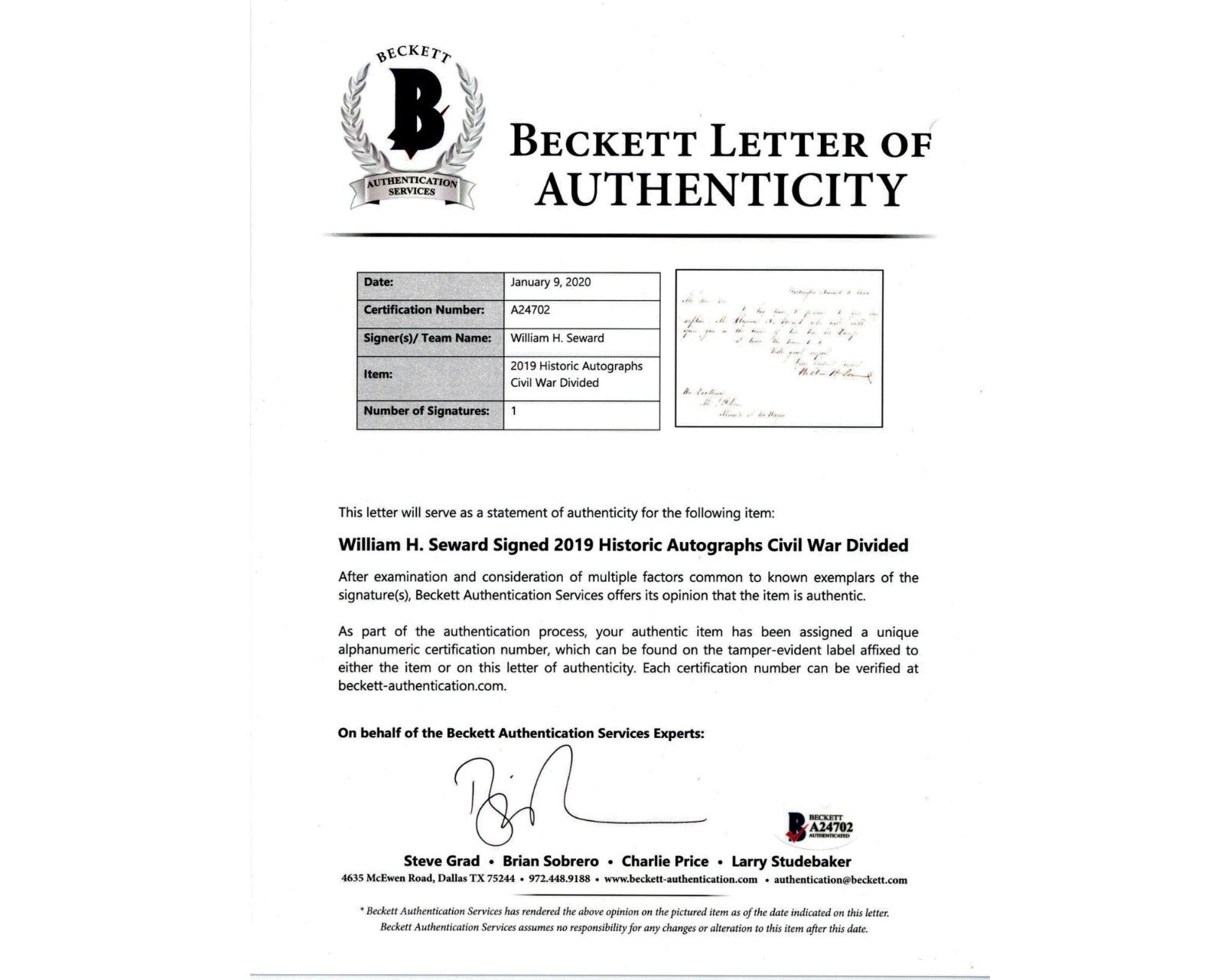 Lincoln's Sec. of State WILLIAM H. SEWARD 2x Signed Introduction Letter BAS