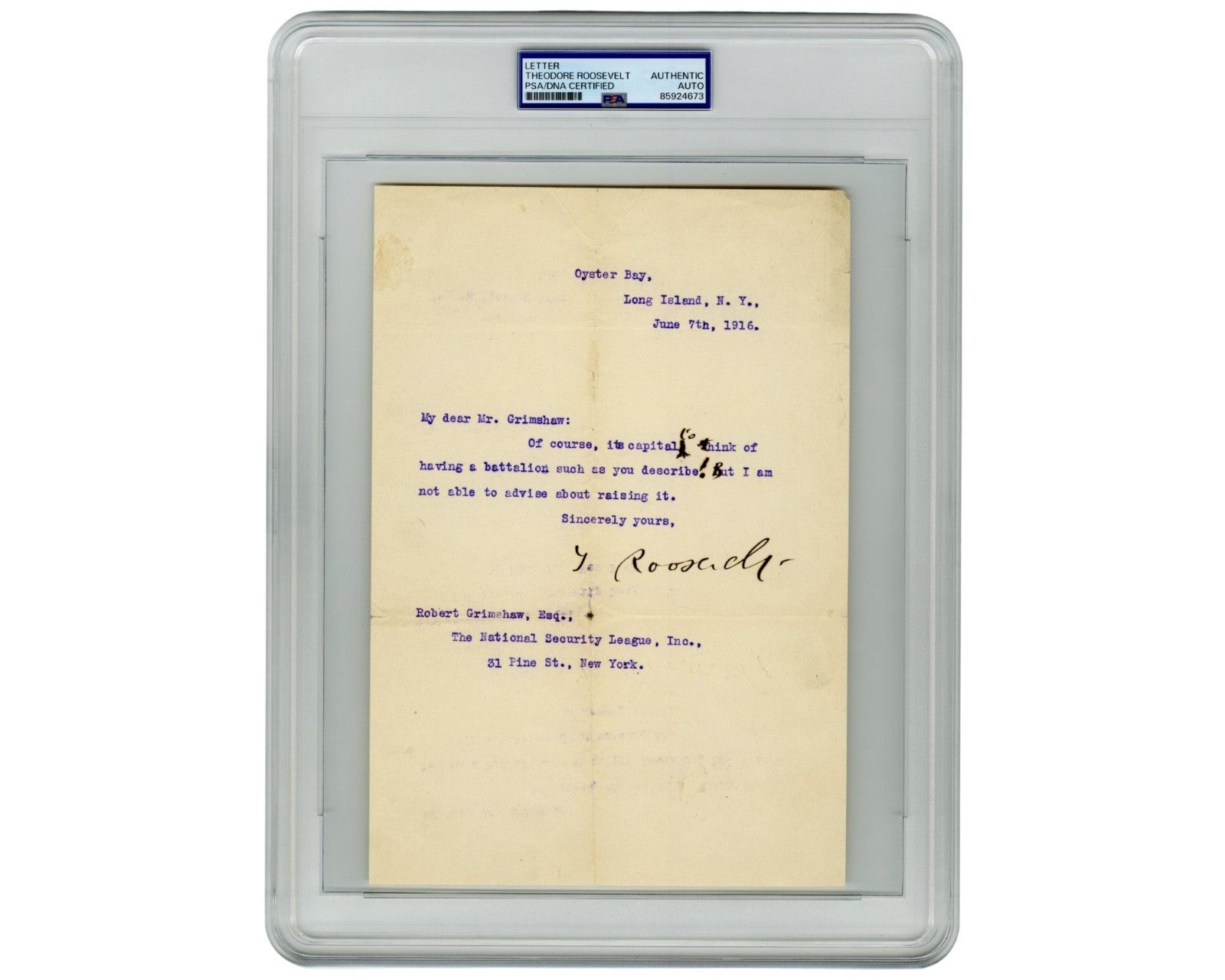President Theodore Roosevelt Signed Letter on New Proposed Battalion! PSA Auto