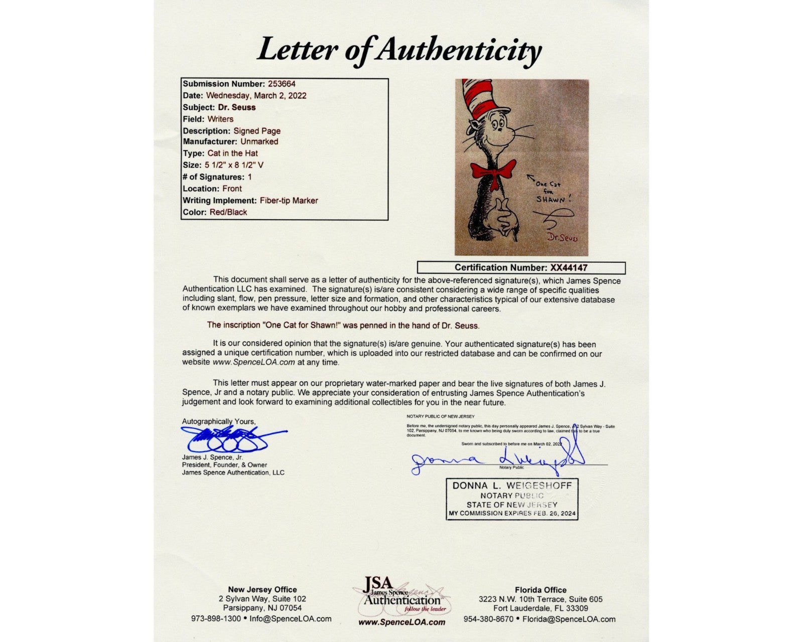 Dr. Seuss Boldly Signed "Cat in the Hat" JSA Auto "One Cat For Shawn!