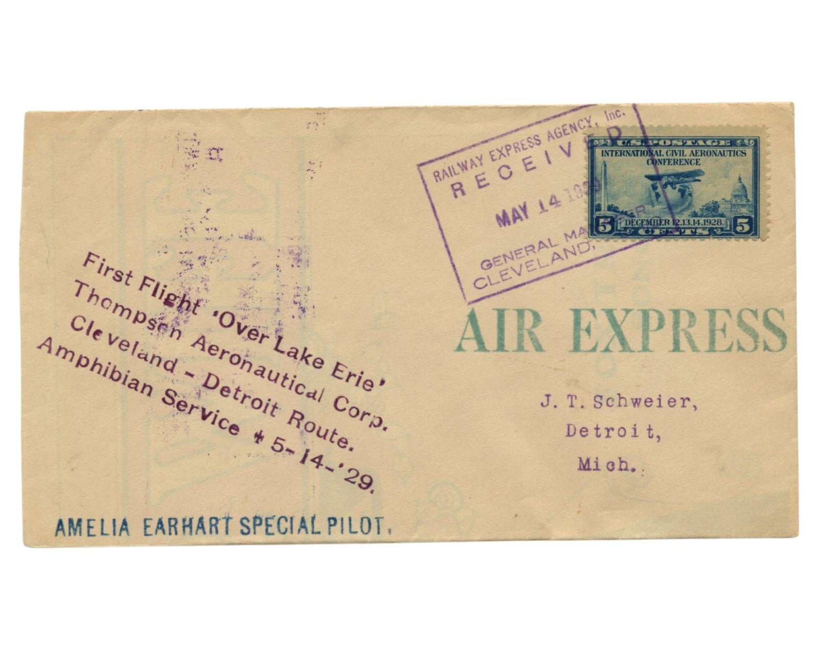 Amelia Earhart Flown "First Flight Over Lake Erie" Cover - Cleveland to Detroit!