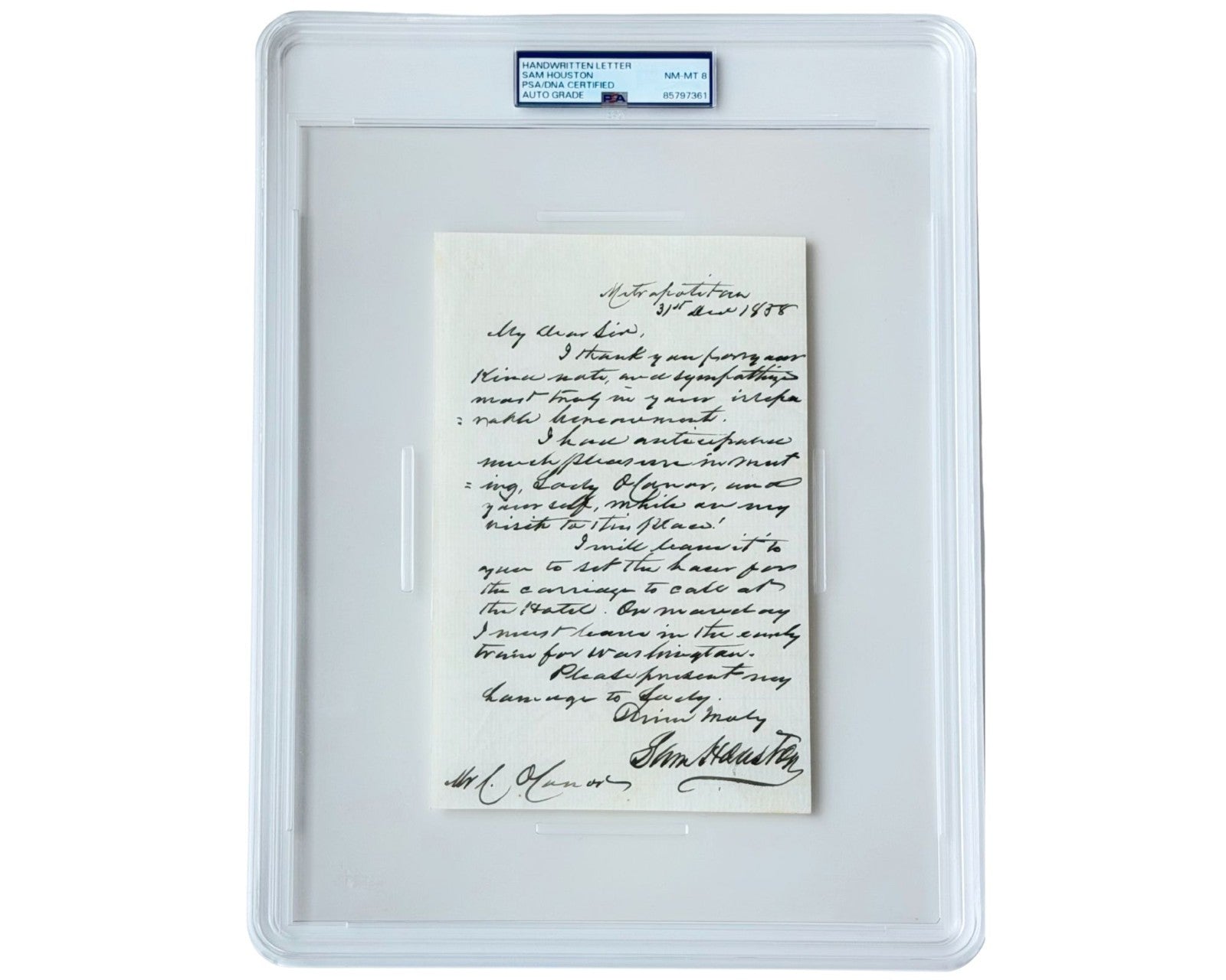 Rare Sam Houston Signed Handwritten Letter First President of Texas! PSA 8 Auto