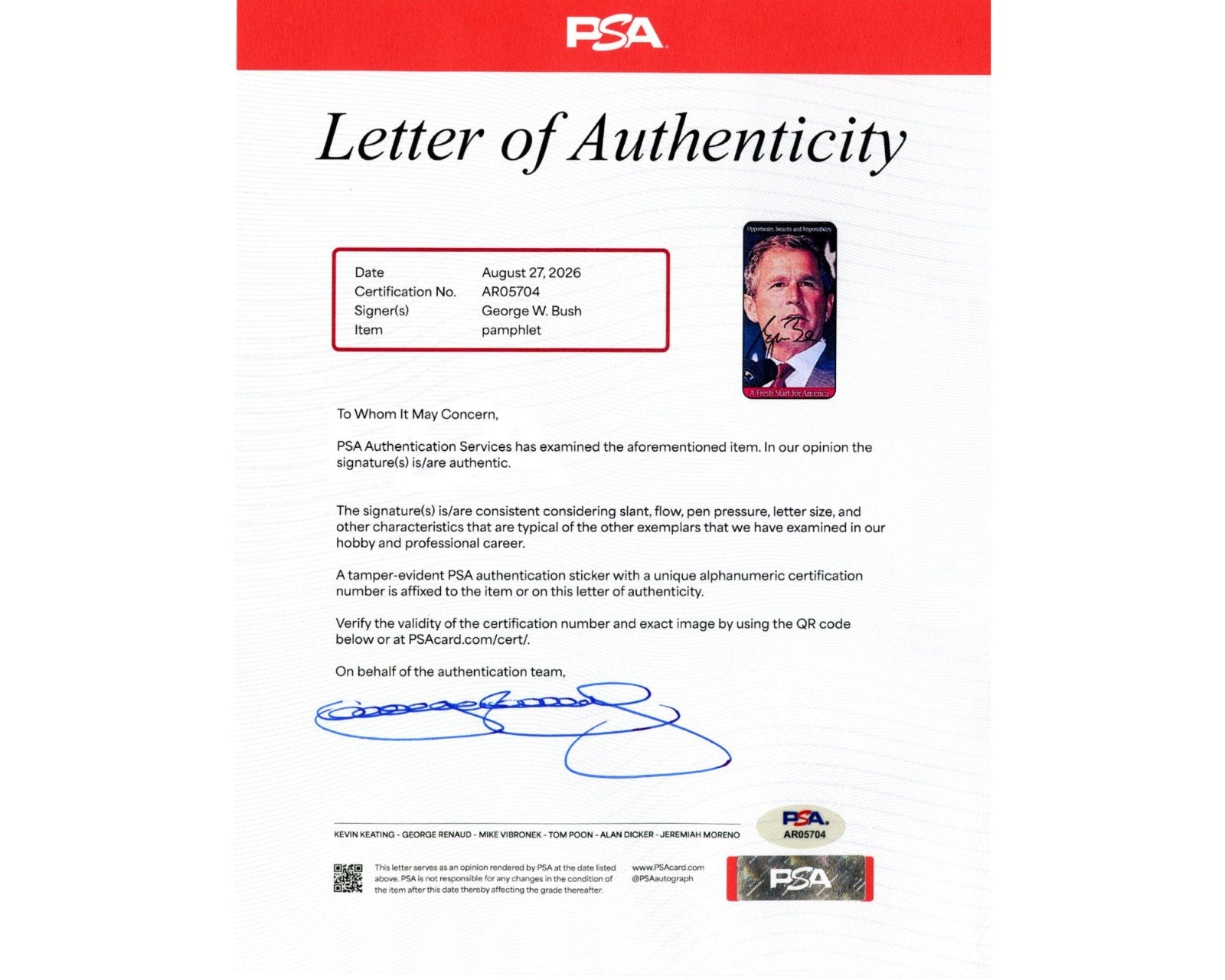 President George W. Bush Signed Presidential Campaign Pamphlet PSA Autograph