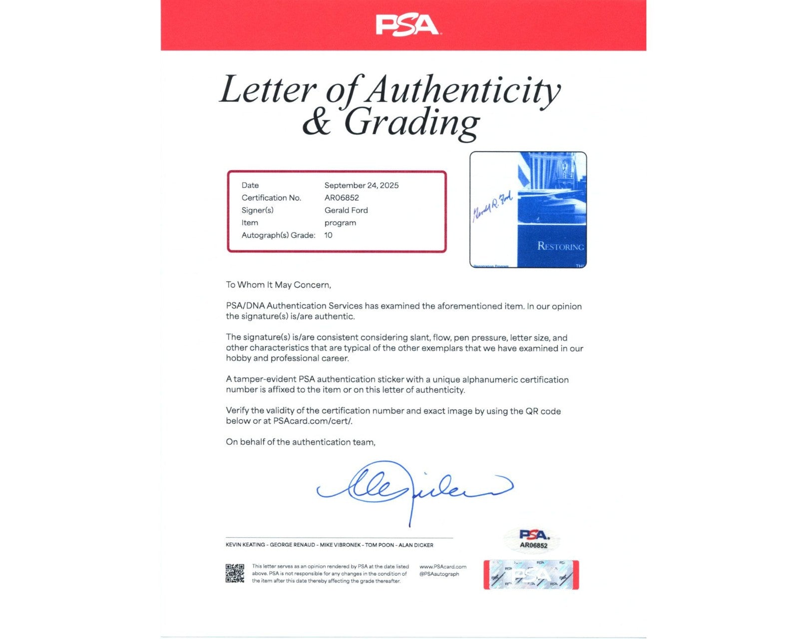 President Gerald Ford Signed Hofstra University Program PSA Gem Mint 10 Auto