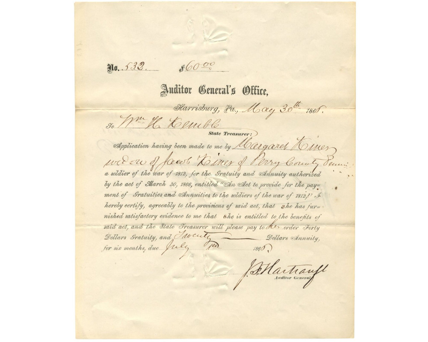 Civil War General John Hartranft Grants Compensation to War of 1812 Widow PSA