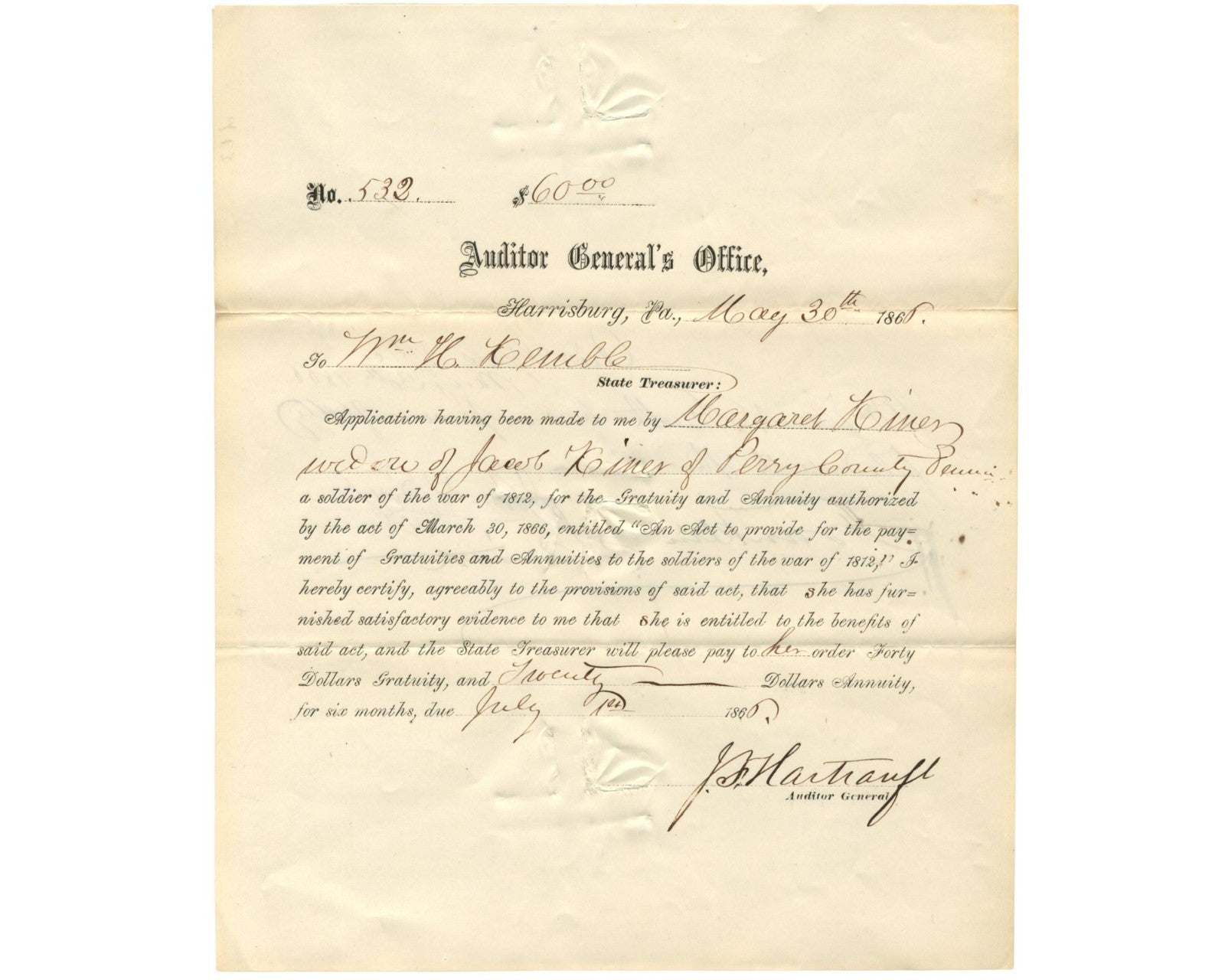 Civil War General John Hartranft Grants Compensation to War of 1812 Widow PSA