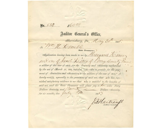 Civil War General John Hartranft Grants Compensation to War of 1812 Widow PSA