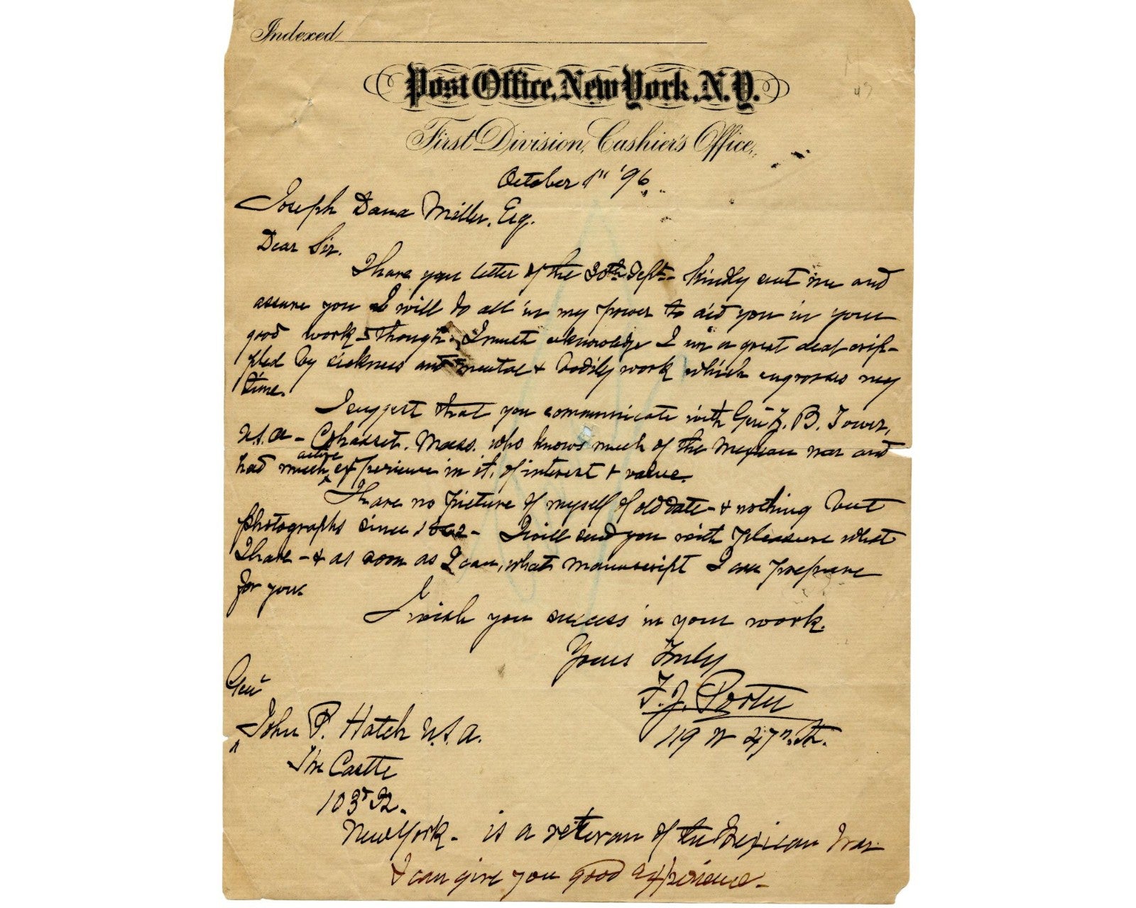 Civil War General Fitz John Porter Signed Letter on Post Office Stationary PSA