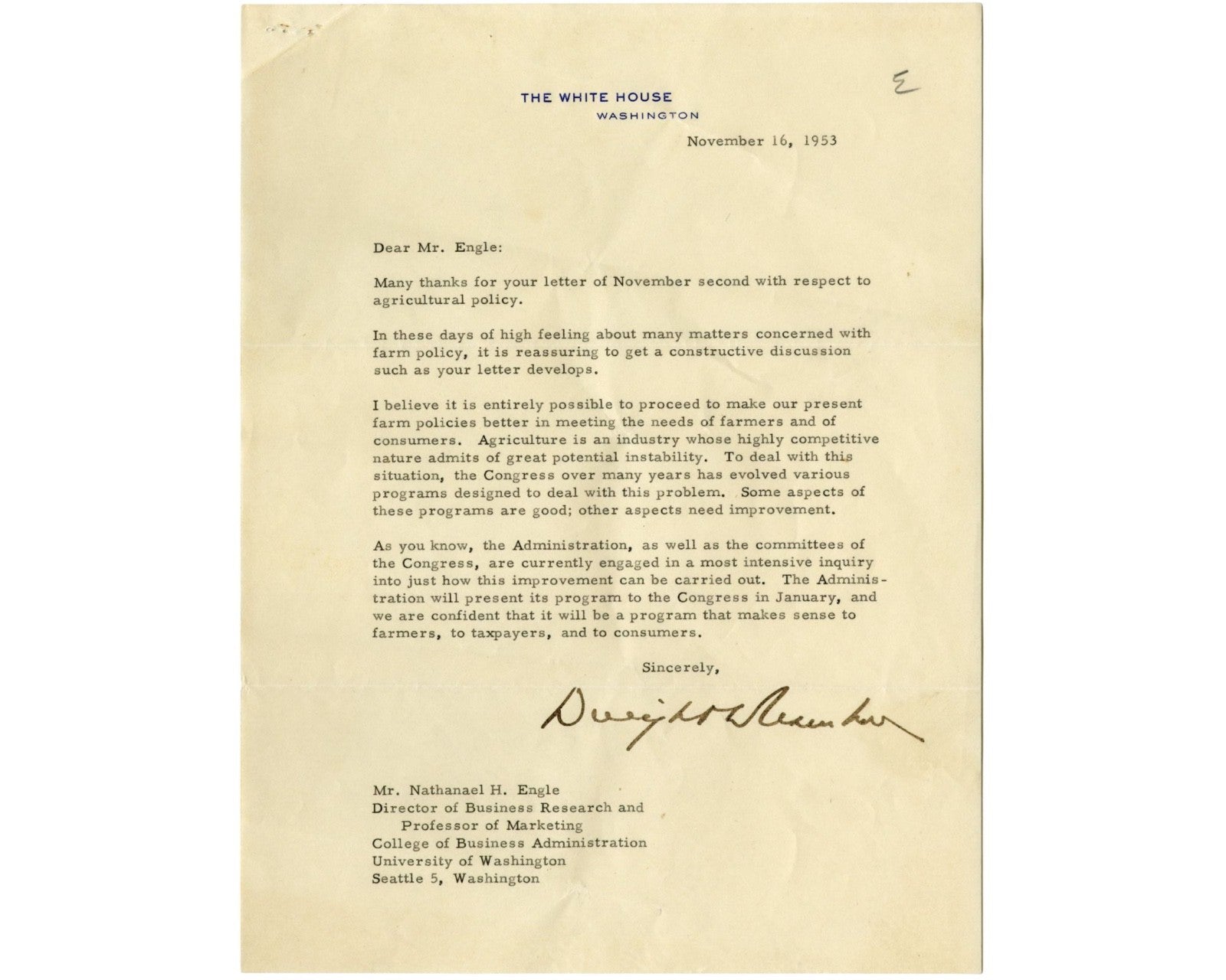 Dwight Eisenhower Signed Letter Pledging to Help Farmers w/ US Policy PSA