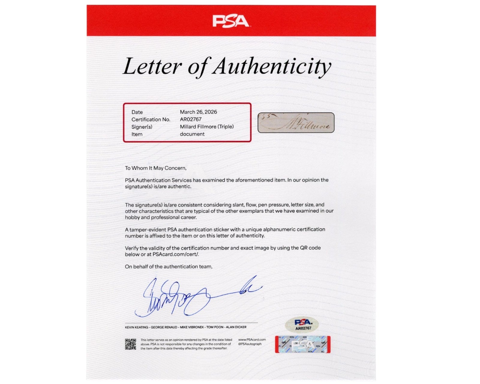 President Millard Fillmore 3x Signed Legal Letter & Free Frank! PSA Auto