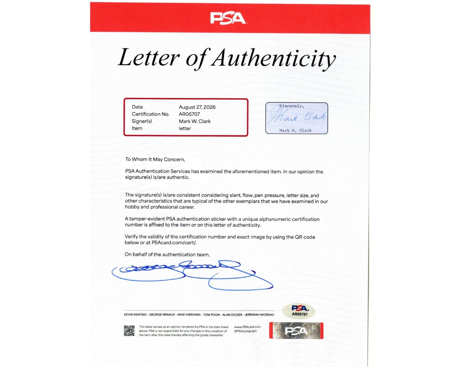 General Mark Clark WWII Strategic Retrospective Letter! Best We Have Seen! PSA
