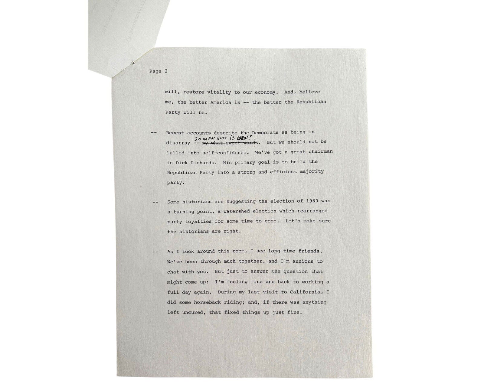 President Ronald Reagan's Hand Edited Speech at White House Reception for RNC