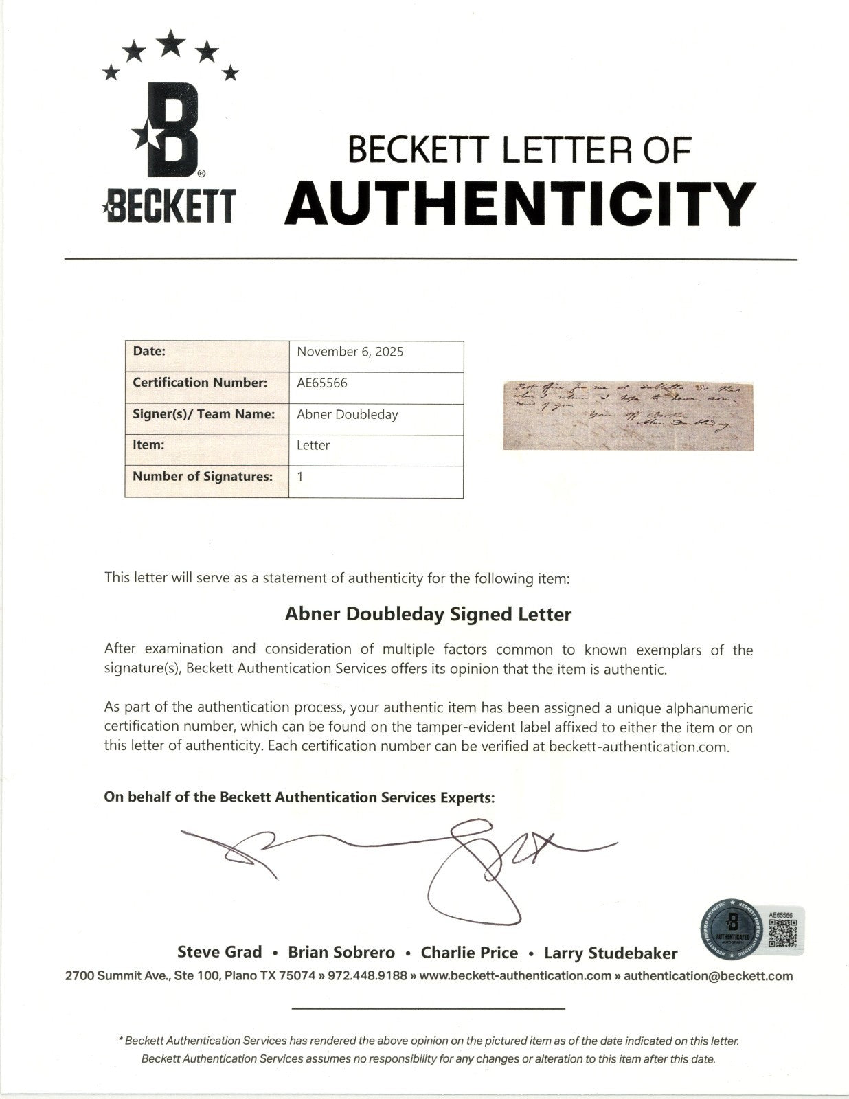 Incredible Abner Doubleday Signed Letter (ALS) On Mexican American War PSA & BAS