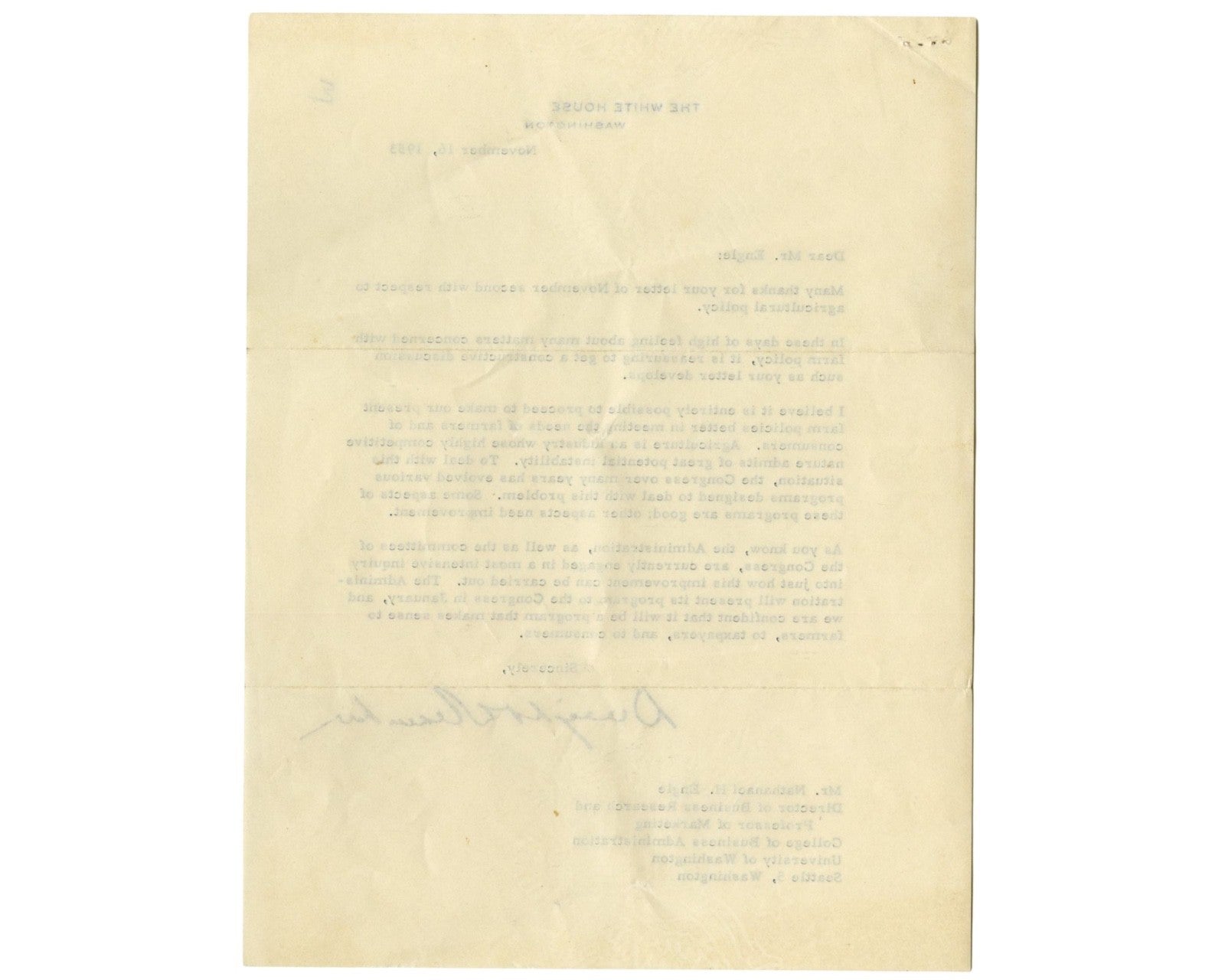Dwight Eisenhower Signed Letter Pledging to Help Farmers w/ US Policy PSA