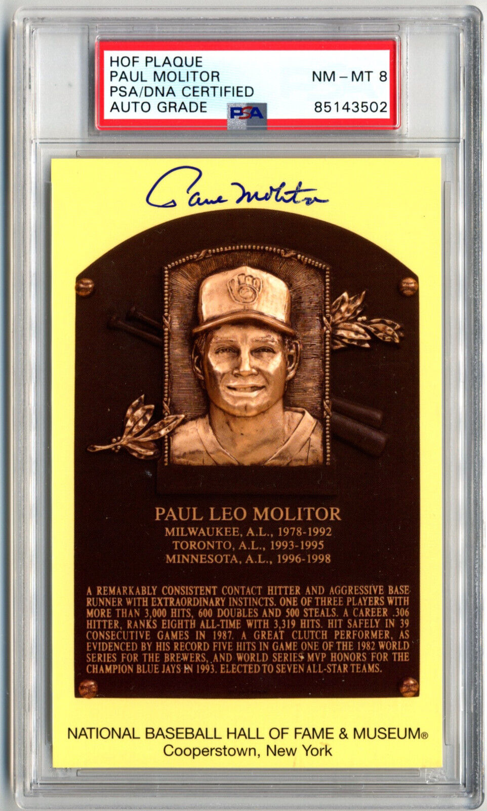 Paul Moliter Signed HOF Post Card PSA 8 Auto, Twins