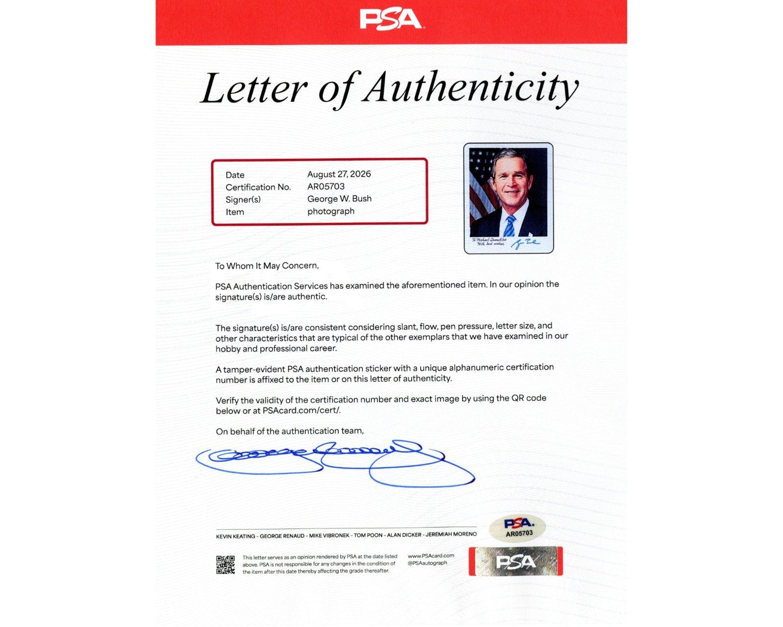 President George W. Bush Signed Presidential Portrait Photograph PSA Autograph