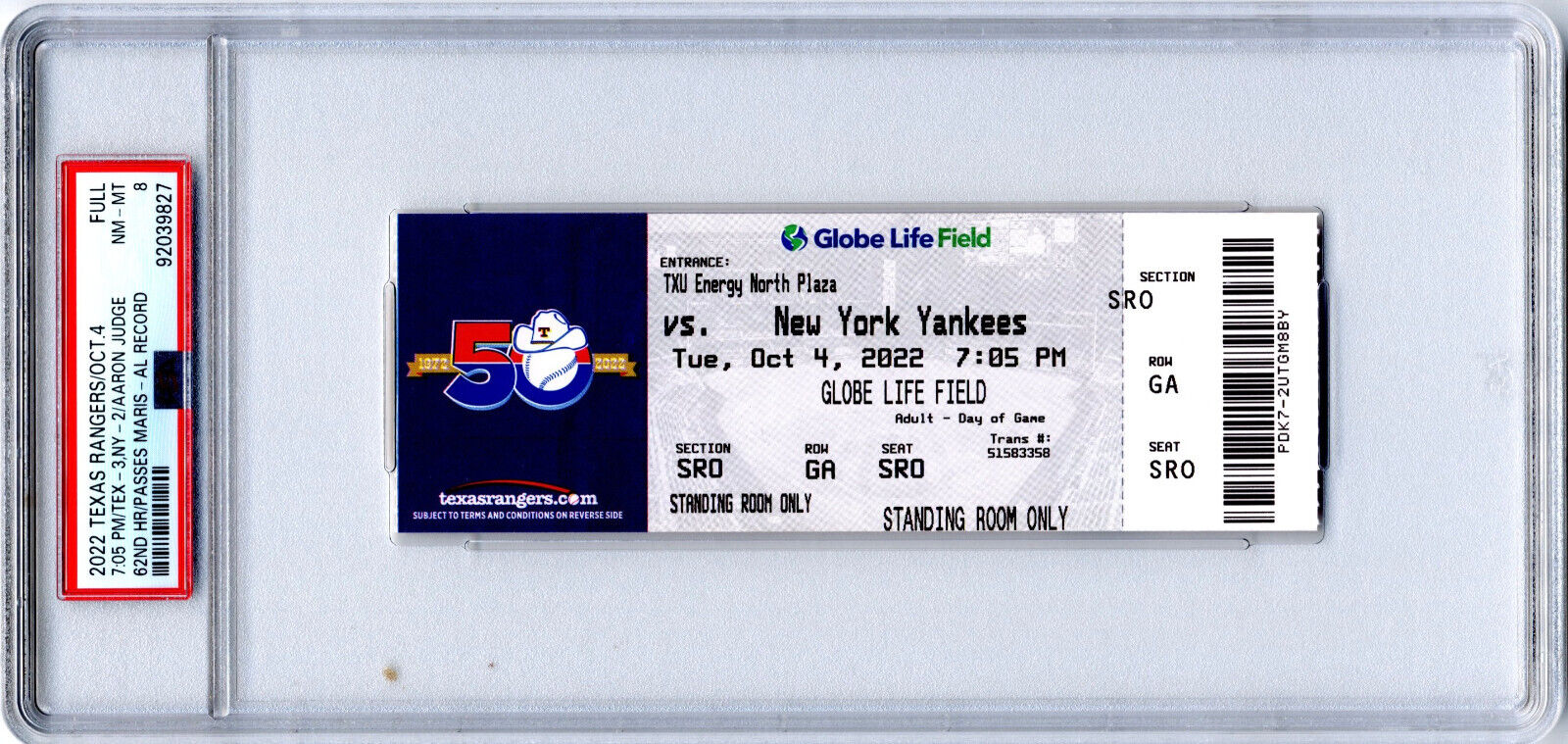 2022 Aaron Judge Yankees FULL Ticket 62ND HR Passes Maris PSA NM 8