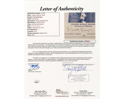 President Ronald Reagan Signed Program JSA Auto - Bold Example!