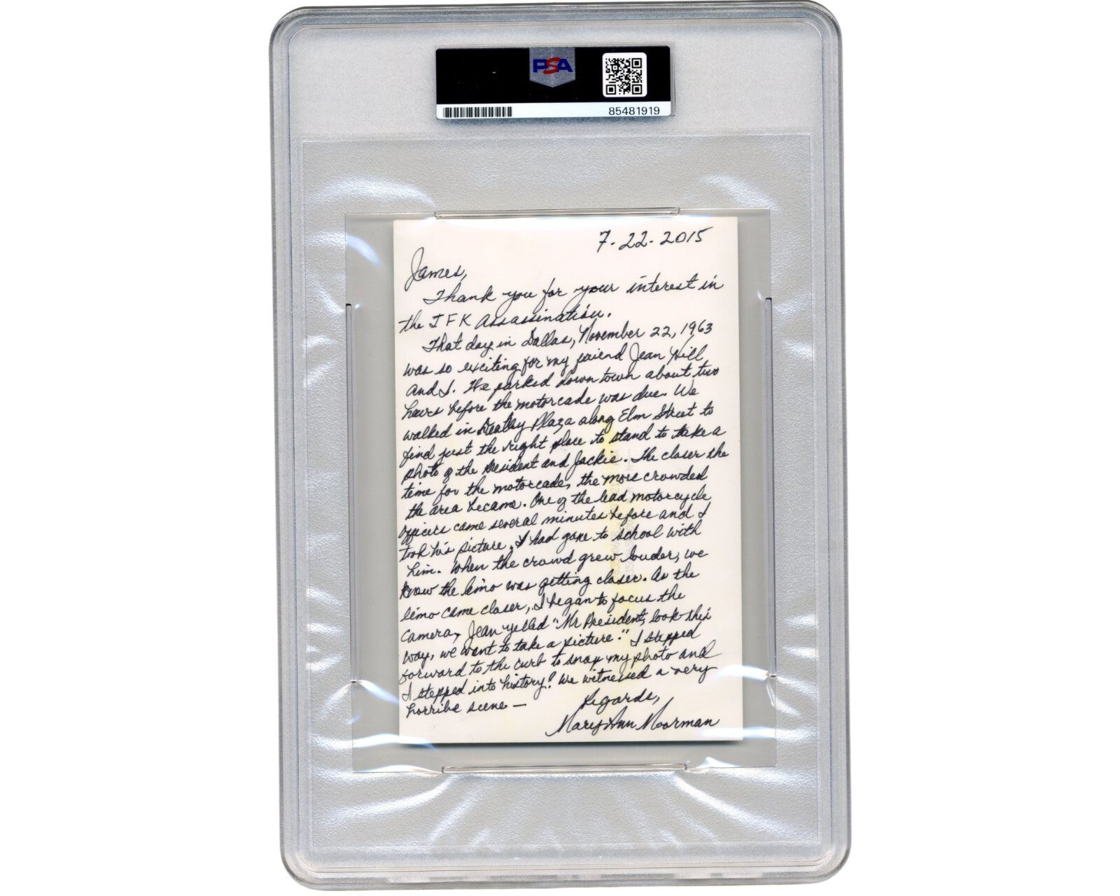 John F. Kennedy Assassination Witness Mary Ann Moorman 2x Signed Essay/Photo PSA