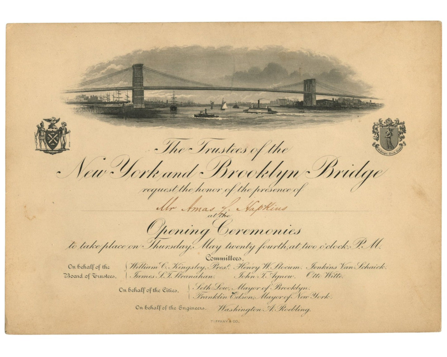 Brooklyn Bridge: Tiffany & Co. Engraved Invitation to the Opening Ceremonies