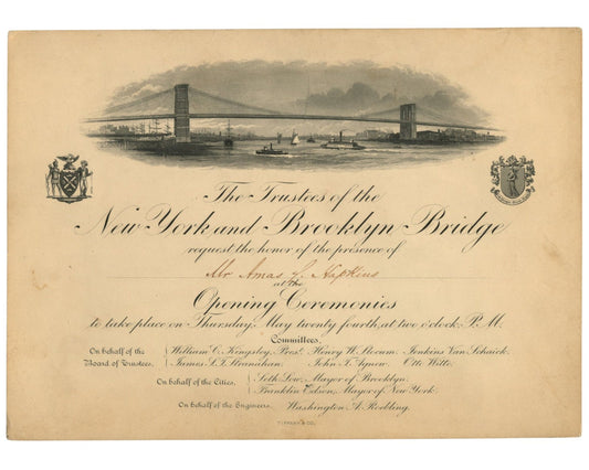 Brooklyn Bridge: Tiffany & Co. Engraved Invitation to the Opening Ceremonies