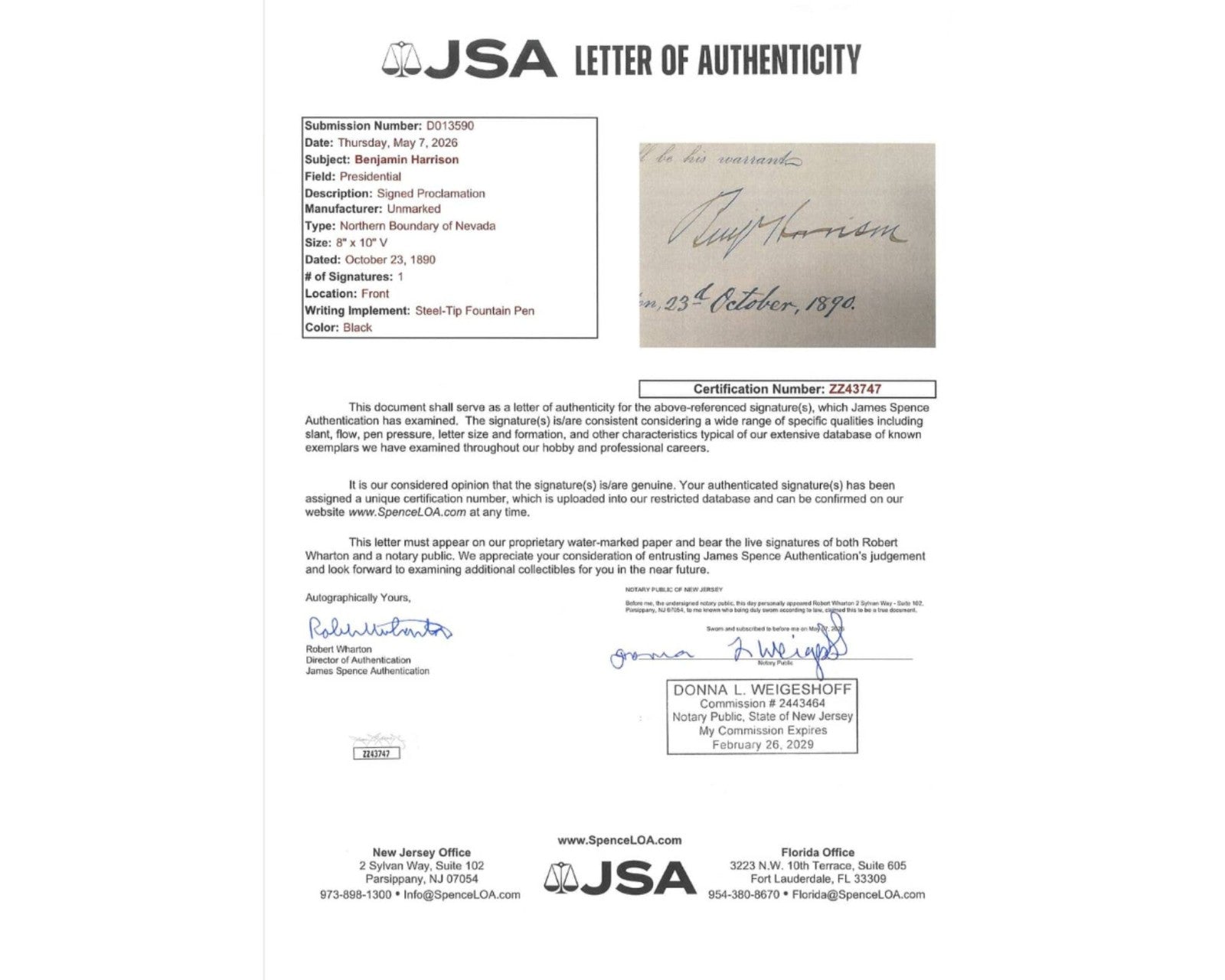 President Benjamin Harrison Signed Doc Removes Indian Title Extends Nebraska JSA