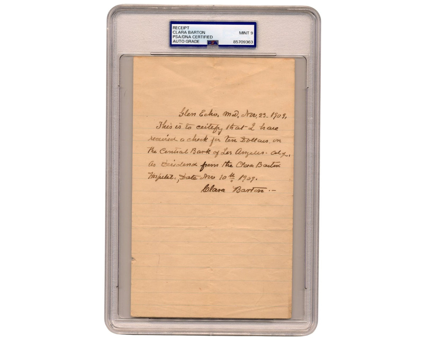 Clara Barton Twice Signed Handwritten Letter on Barton Hospital Check PSA Mint 9
