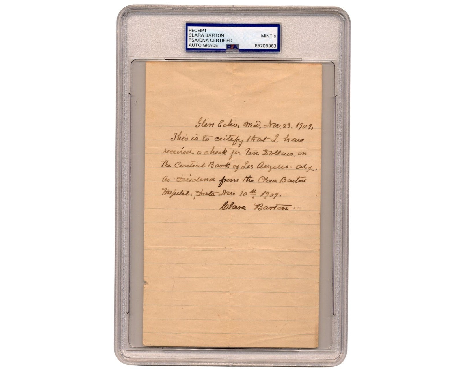 Clara Barton Twice Signed Handwritten Letter on Barton Hospital Check PSA Mint 9