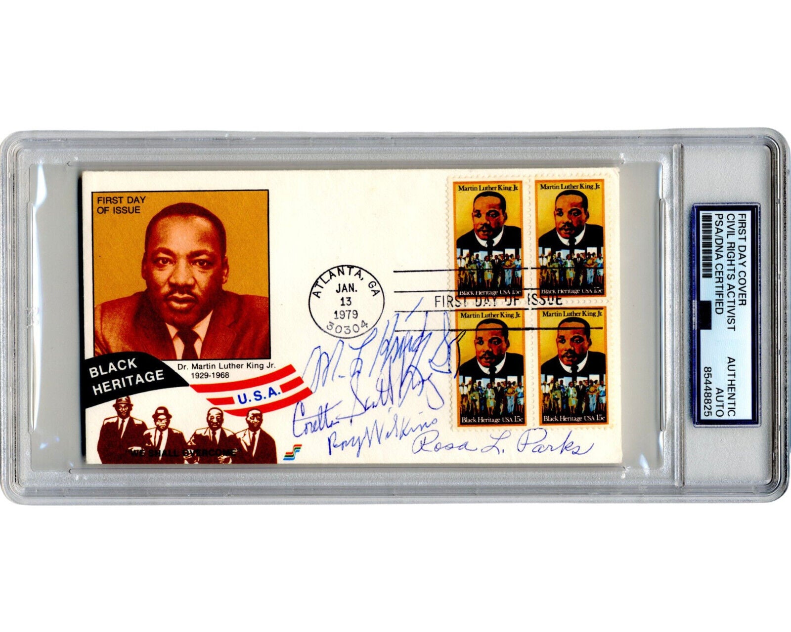 Martin Luther King Sr, Rosa Parks, Coretta and R.Wilkins Signed MLK FDC PSA Auto