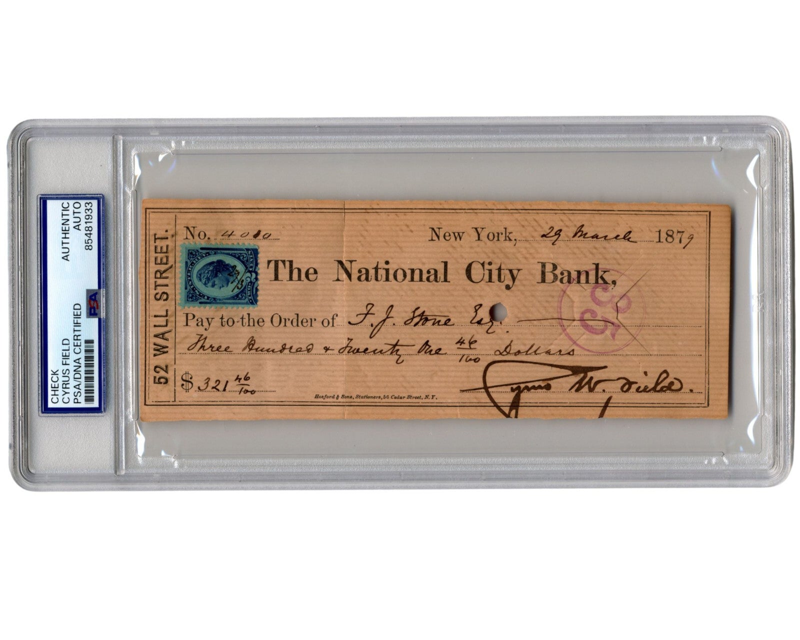 Transatlantic Telegraph Pioneer Cyrus W. Field Boldly Signed Check PSA Auto