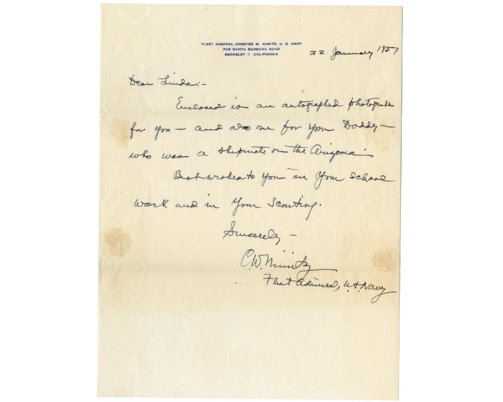 Admiral Chester Nimitz Handwritten Letter Sending Photos to AZ. Shipmate PSA