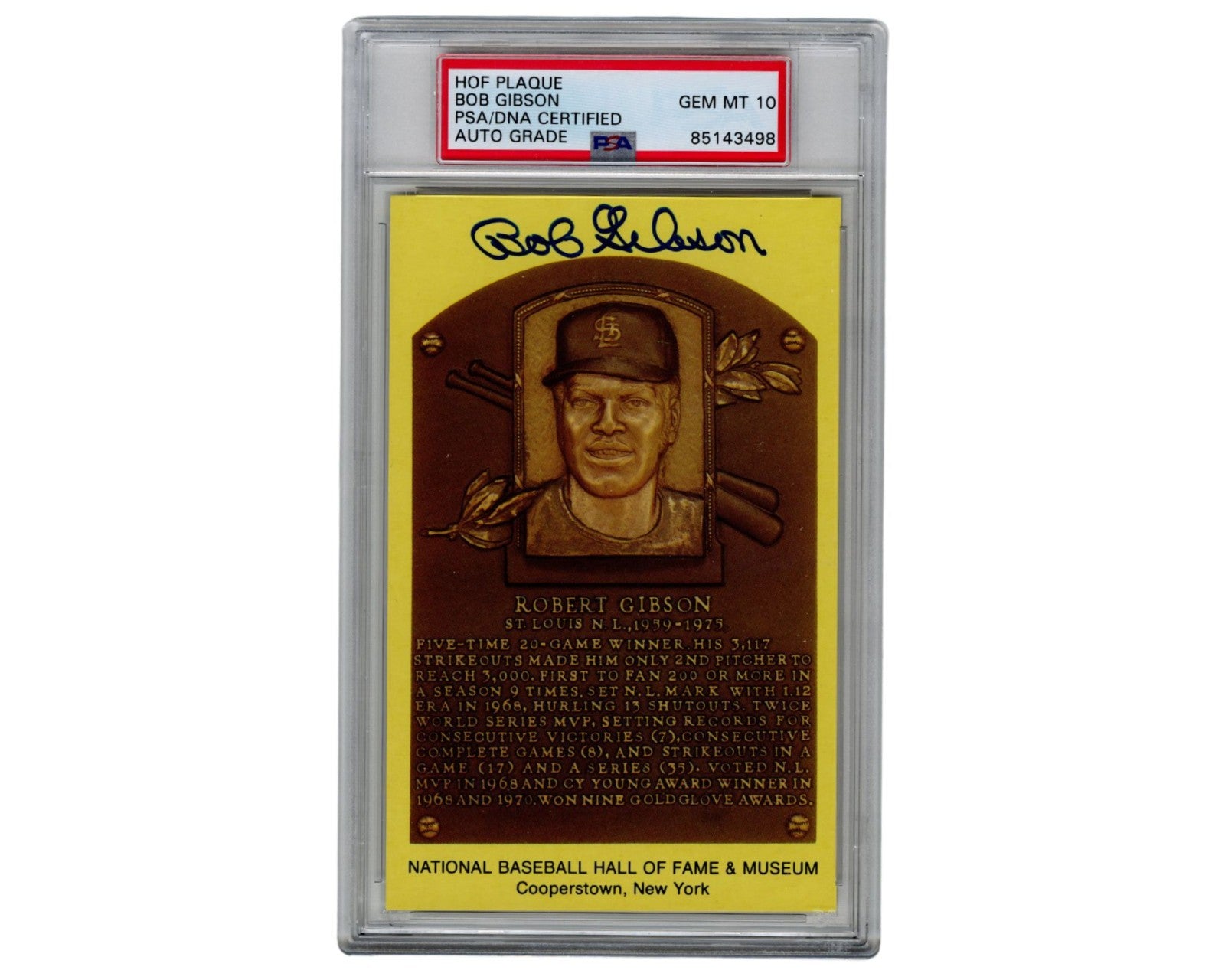 Cardinals Icon Bob Gibson Signed HOF Postcard PSA Gem Mint 10 Auto