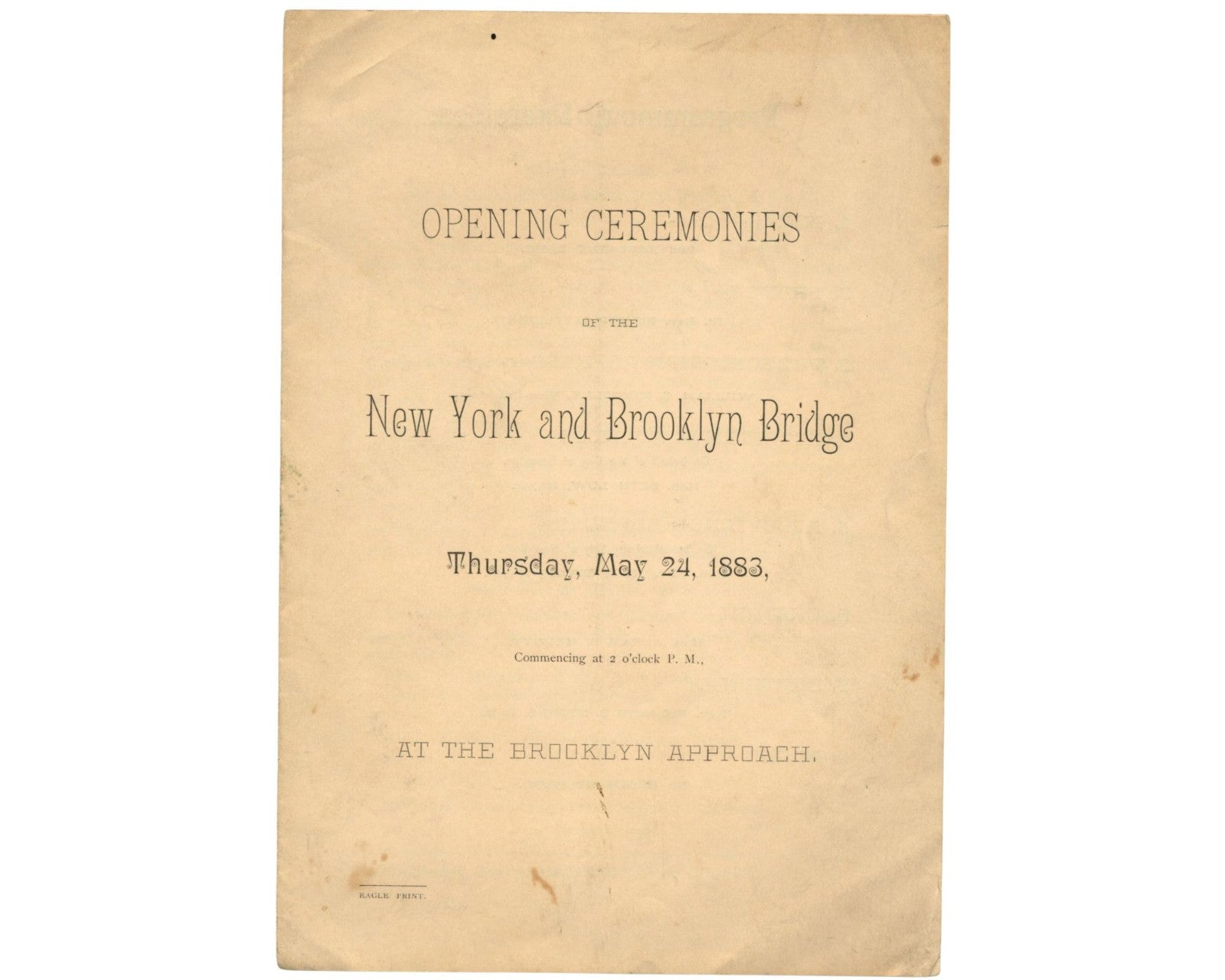 Brooklyn Bridge Opening Ceremonies Program - Rare Relic from the Opening!