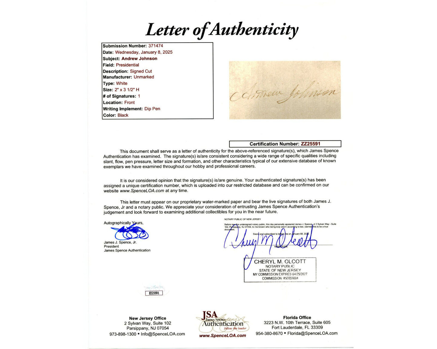 President Andrew Johnson Signature JSA Authentication - A Perfect Example!