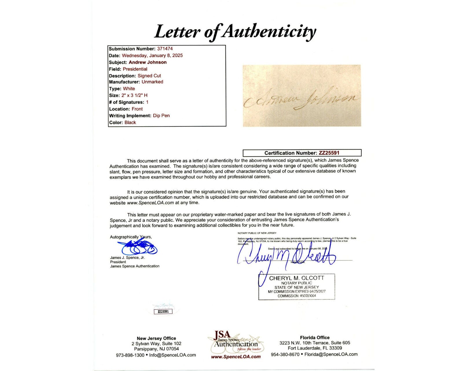 President Andrew Johnson Signature JSA Authentication - A Perfect Example!