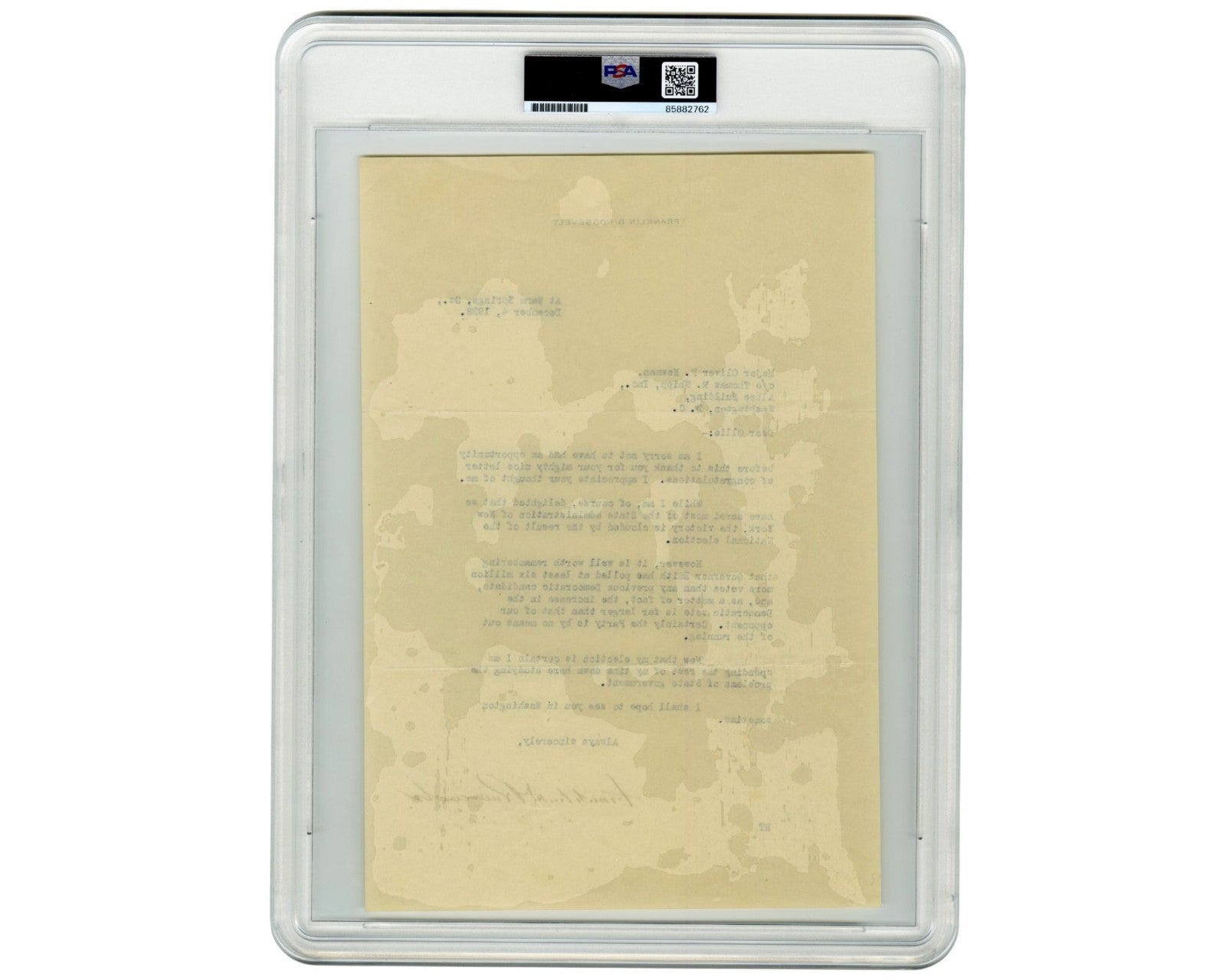 President Franklin D. Roosevelt Signed Letter on Hoover v. Smith Election! PSA