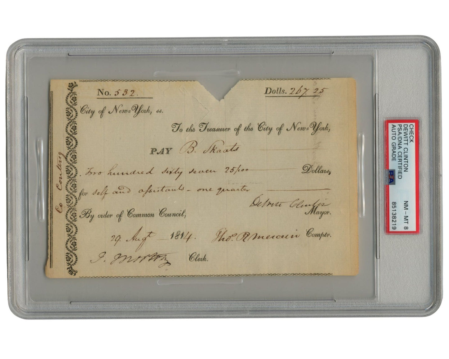 Dewitt Clinton Signed Check Paying For Assistants & Himself as Mayor! PSA 8 Auto