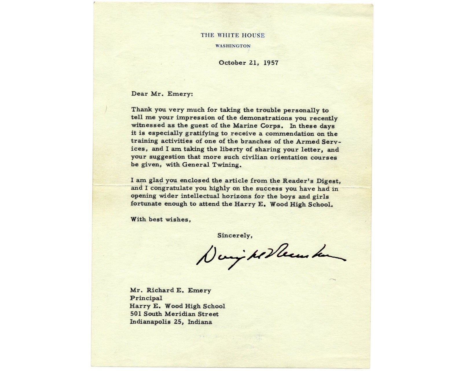 President DWIGHT EISENHOWER Signed Letter on Armed Services Training PSA Auto