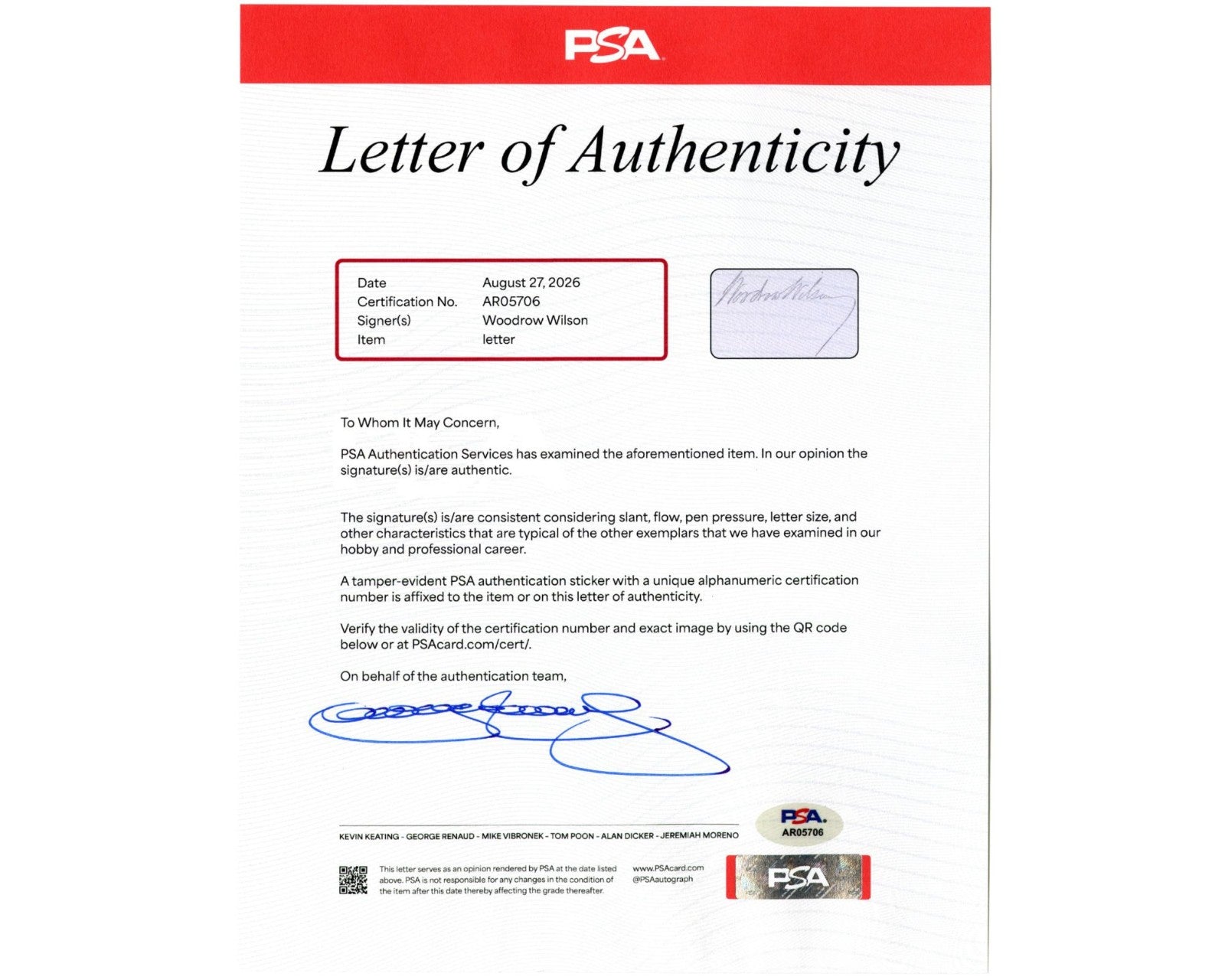 President Woodrow Wilson Signed Personal Letter PSA, Bold Autograph!