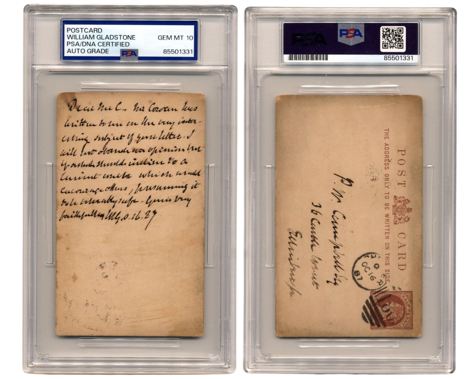 British Prime Minister William Ewart Gladstone Signed Postcard PSA Gem Mint 10