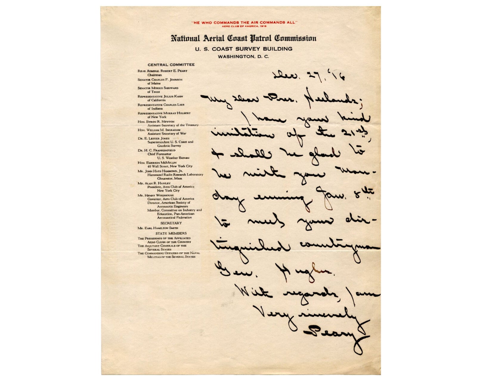 North Pole Explorer Robert E. Peary Signed Letter PSA Auto