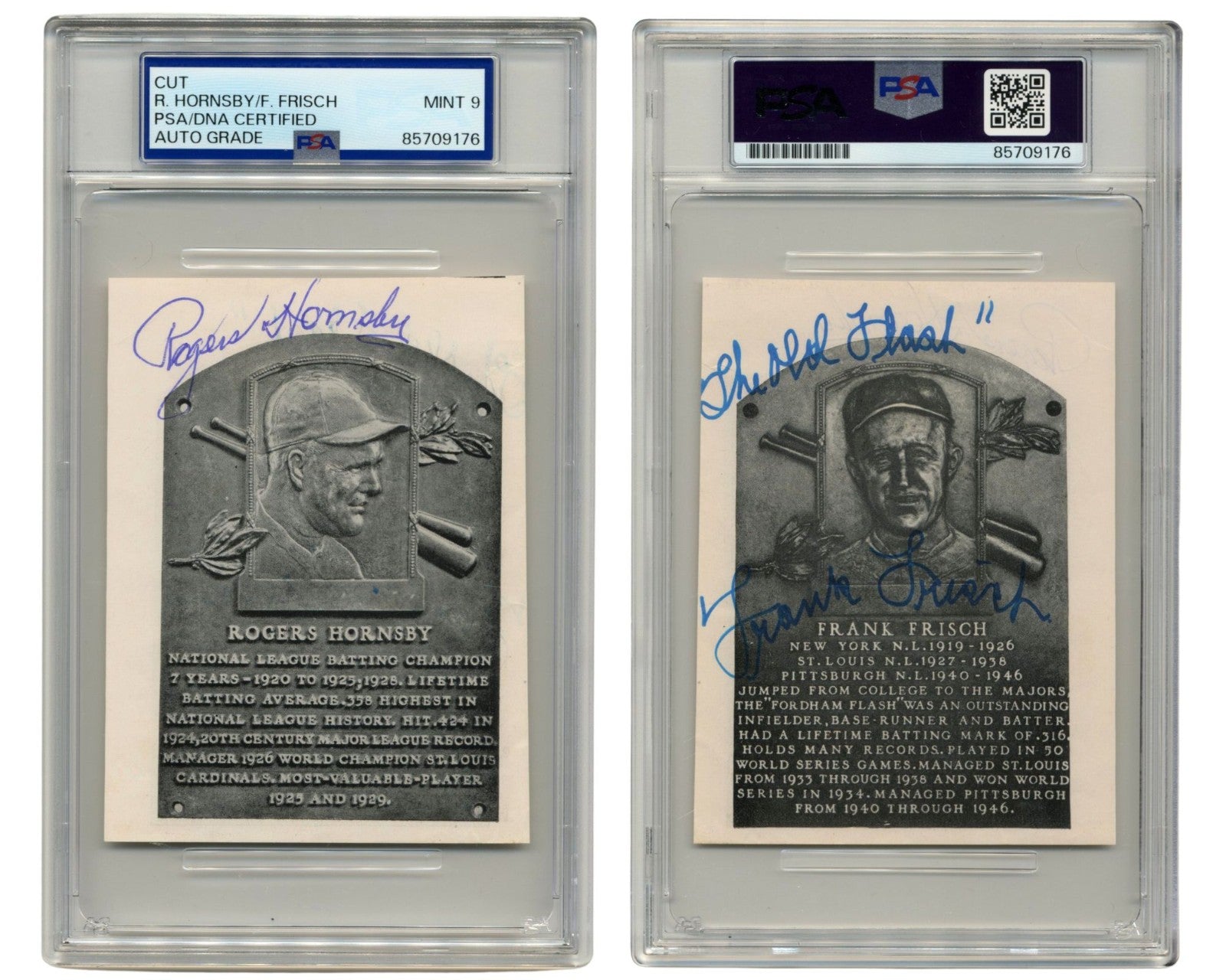 Rogers Hornsby & Frankie Frisch Signed Cut "HOF Plaque" PSA Mint 9 Auto
