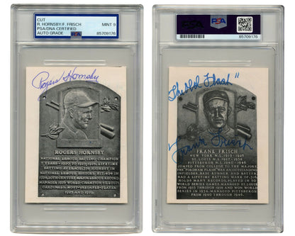 Rogers Hornsby & Frankie Frisch Signed Cut "HOF Plaque" PSA Mint 9 Auto