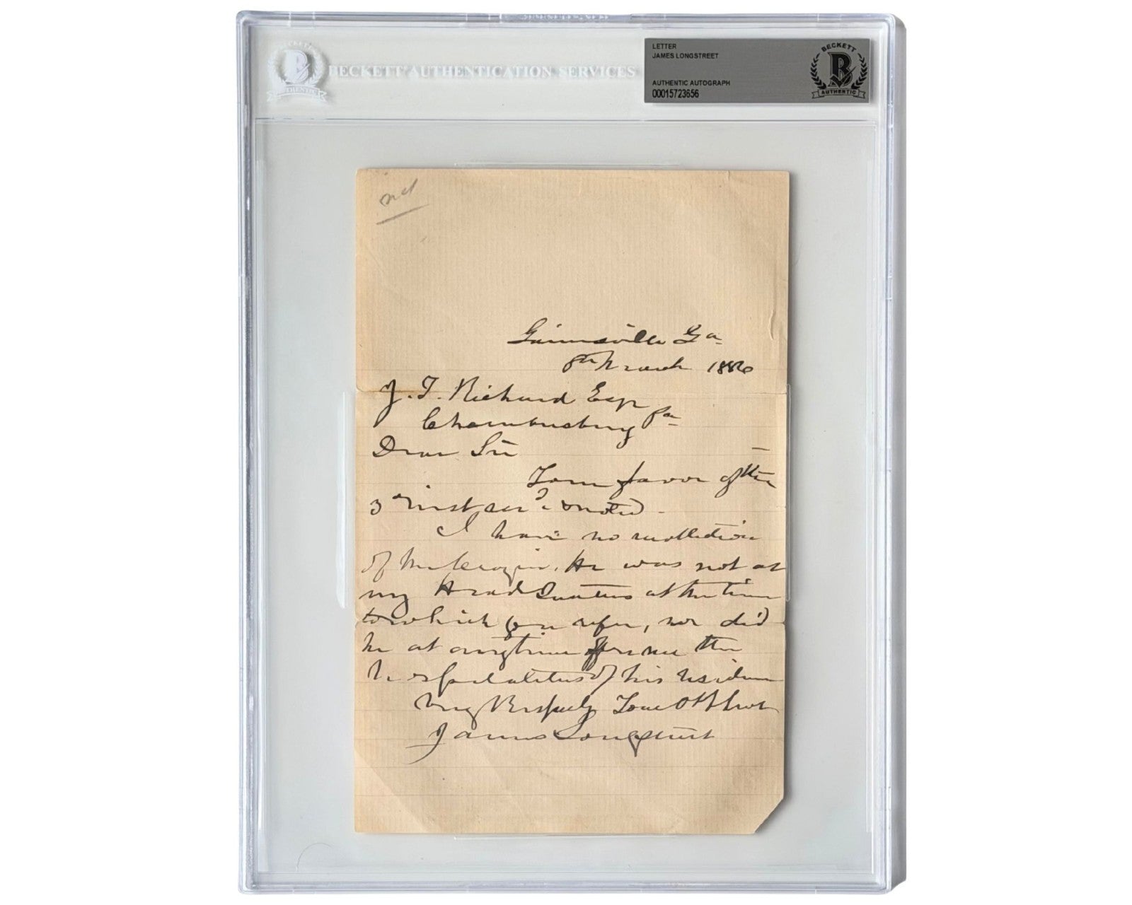 Rare Civil War Confederate General James Longstreet Signed Letter (ALS) BAS Auto