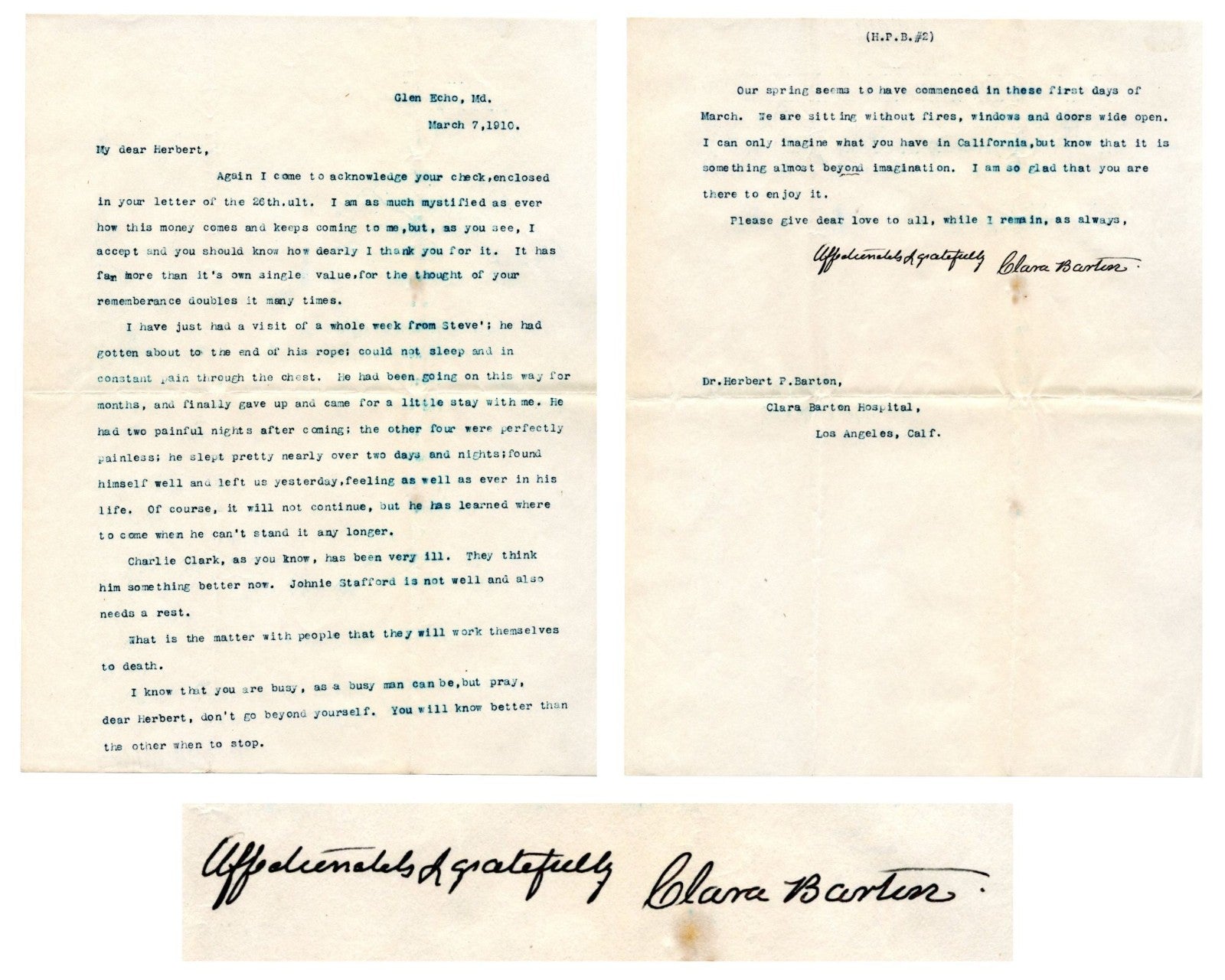 Clara Barton Signed Letter on Caring for Loved One in Final Years PSA Bold Auto