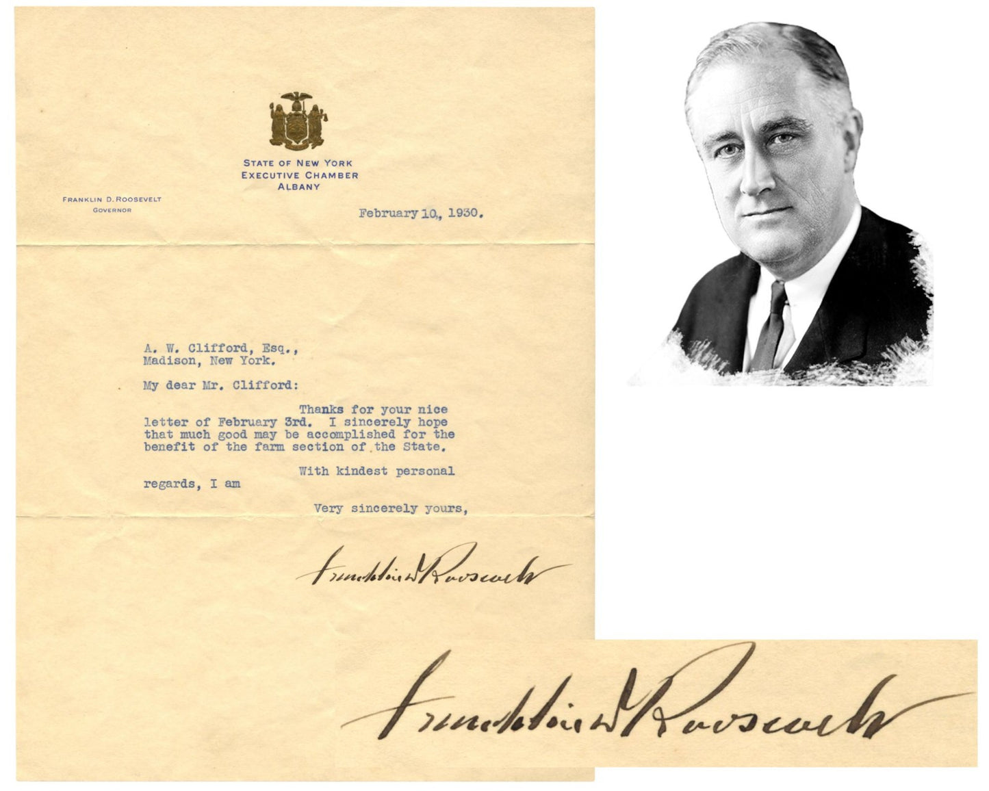 President Franklin D. Roosevelt Signed Letter as Governor of NY PSA Auto