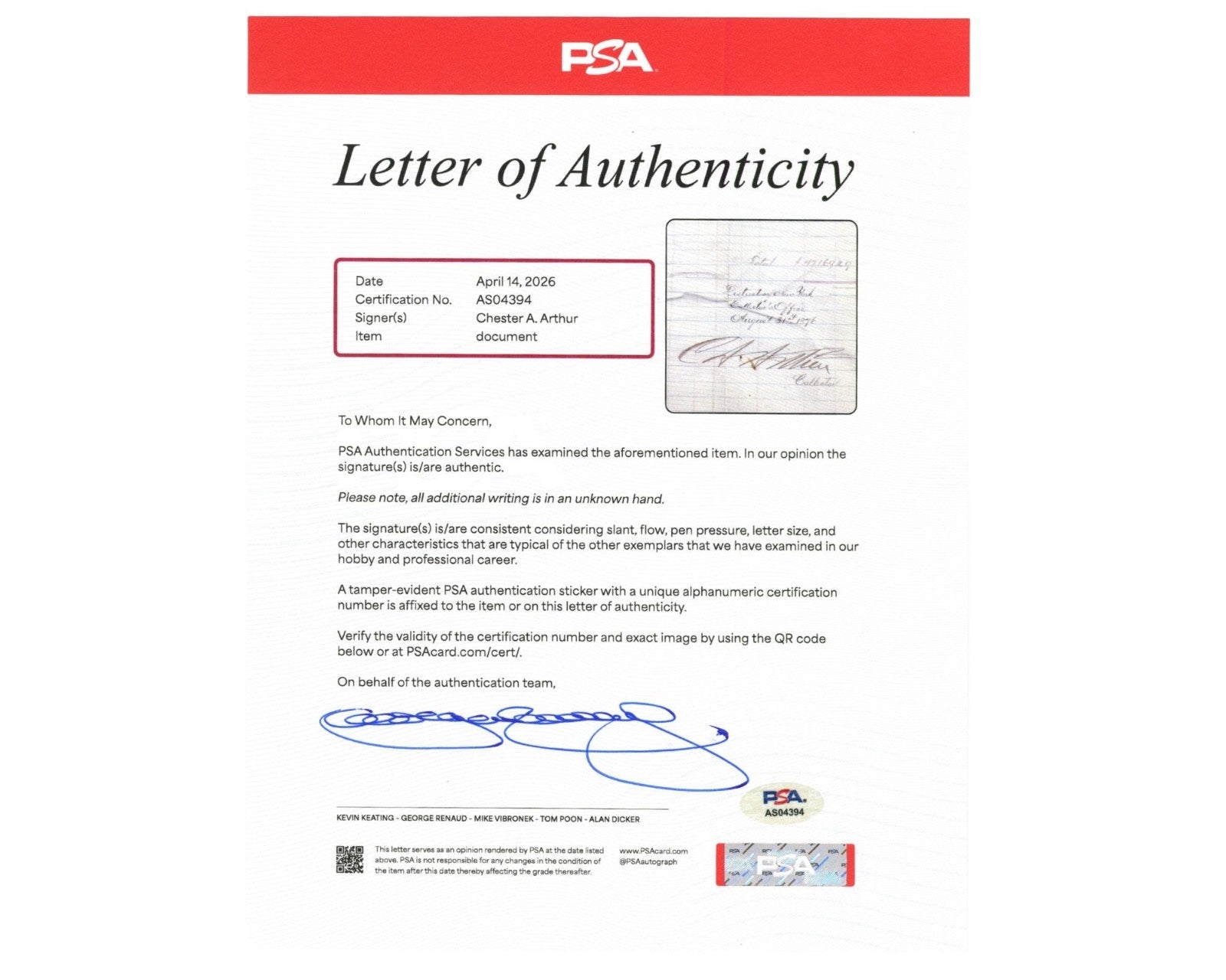 President Chester Arthur Signed NY Document on 100th Anniversary of USA! PSA/DNA