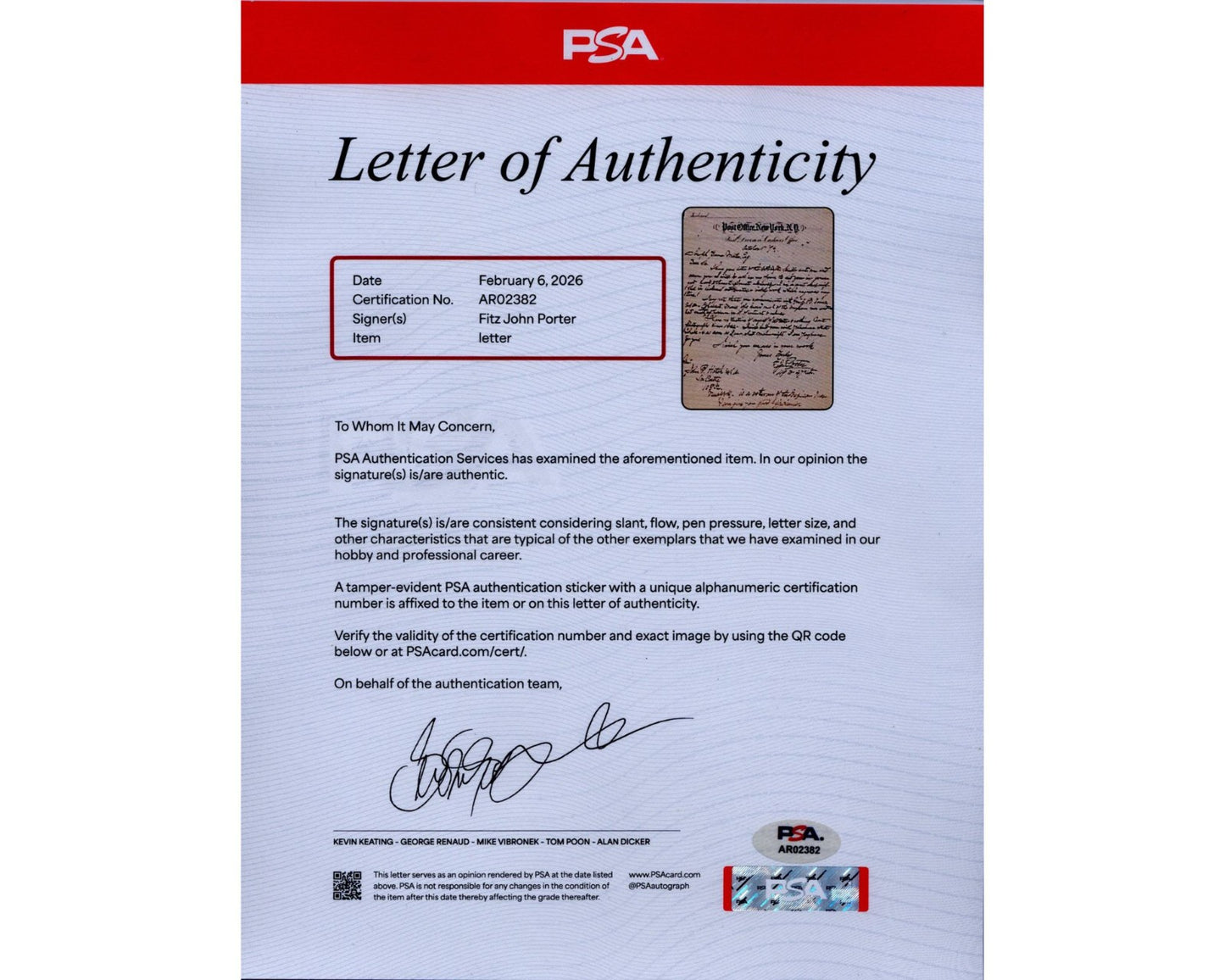 Civil War General Fitz John Porter Signed Letter on Post Office Stationary PSA