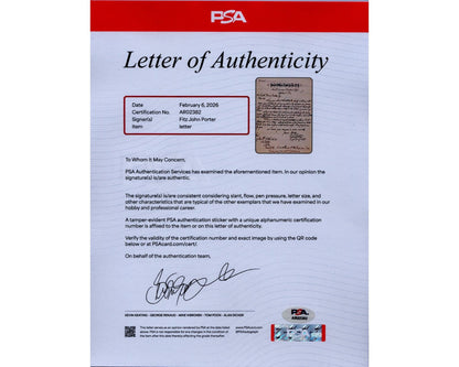 Civil War General Fitz John Porter Signed Letter on Post Office Stationary PSA