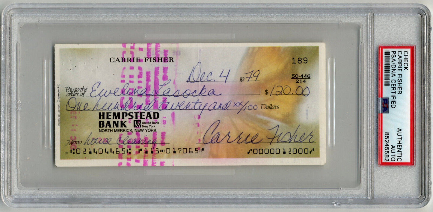 Star Wars' Carrie Fisher Boldly Signed Check. No Stamps, Clean Sig! PSA