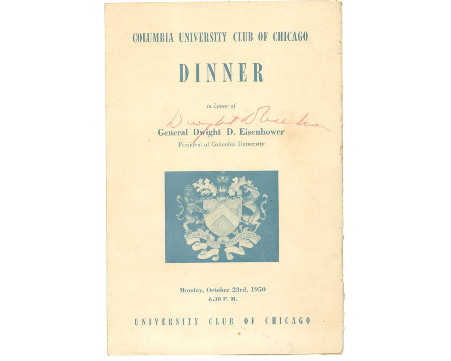 President Dwight Eisenhower Signed Columbia Dinner in Chicago Pamphlet PSA Auto